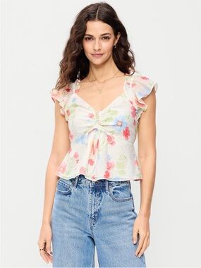 Floral Ruffle Tie-Front Women's Top - White Multi